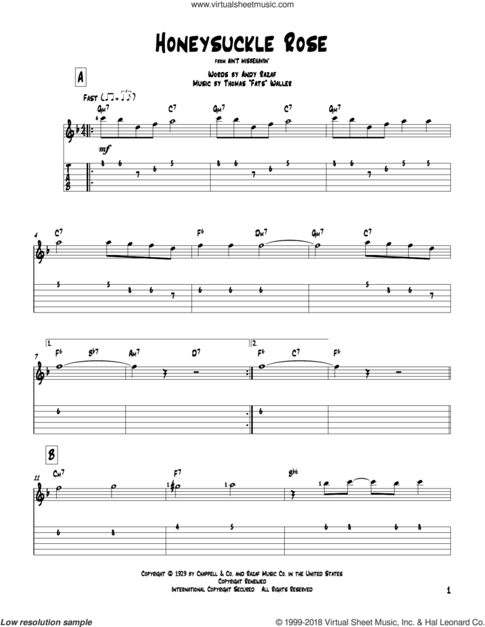 Honeysuckle Rose sheet music for guitar solo by Django Reinhardt, Andy Razaf and Thomas Waller, intermediate skill level