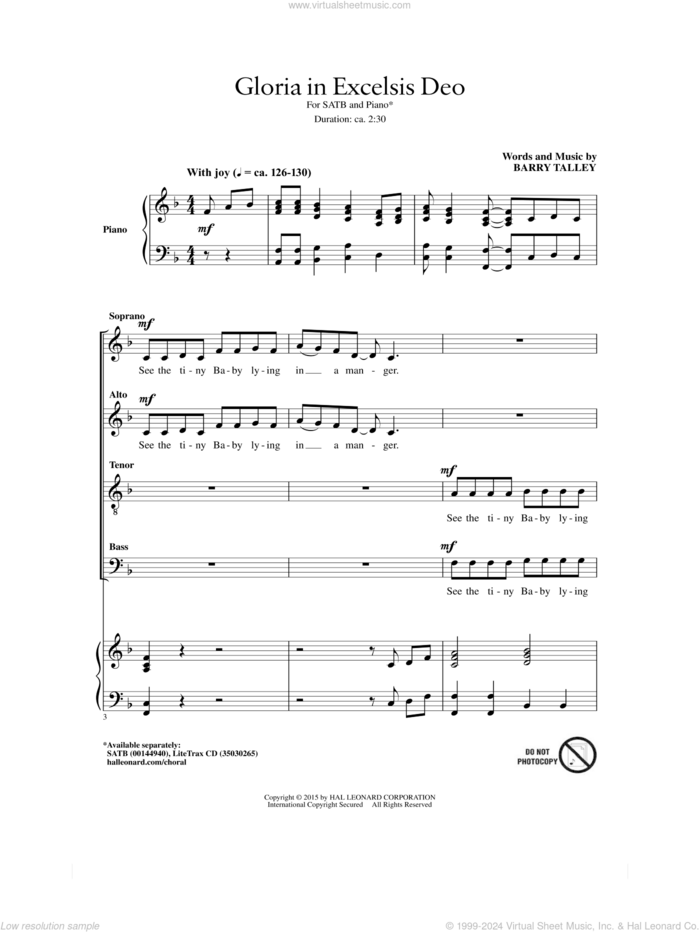 Gloria In Excelsis Deo sheet music for choir (SATB: soprano, alto, tenor, bass) by Barry Talley, intermediate skill level