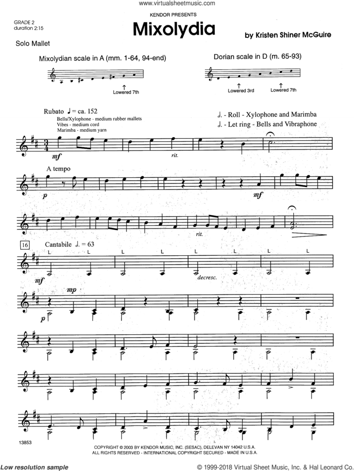 Mixolydia sheet music for percussions by Kristen Shiner McGuire, intermediate skill level
