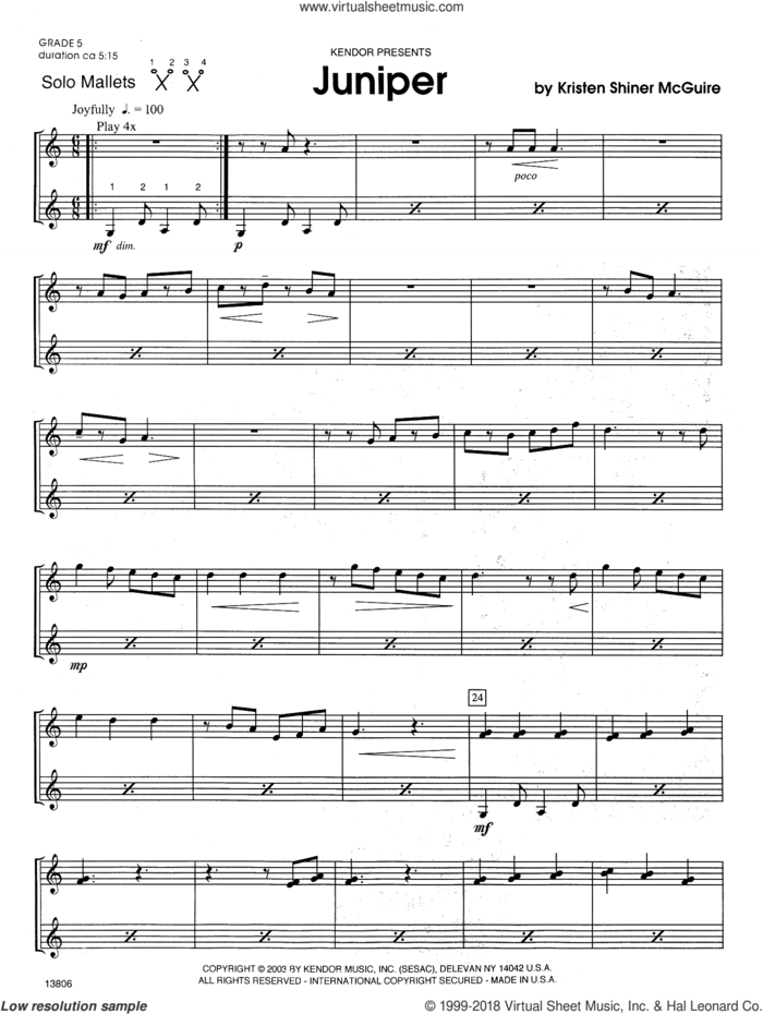 Juniper sheet music for percussions by Kristen Shiner McGuire, intermediate skill level