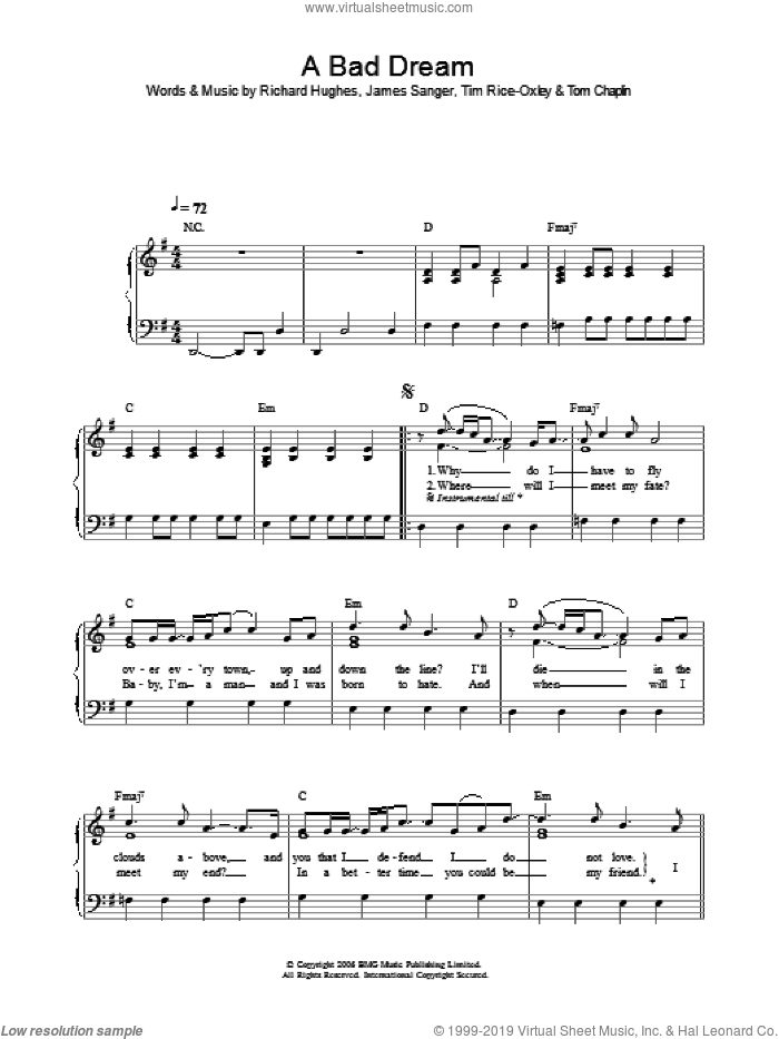 A Bad Dream sheet music for voice, piano or guitar by Tim Rice-Oxley, James Sanger, Richard Hughes and Tom Chaplin, intermediate skill level