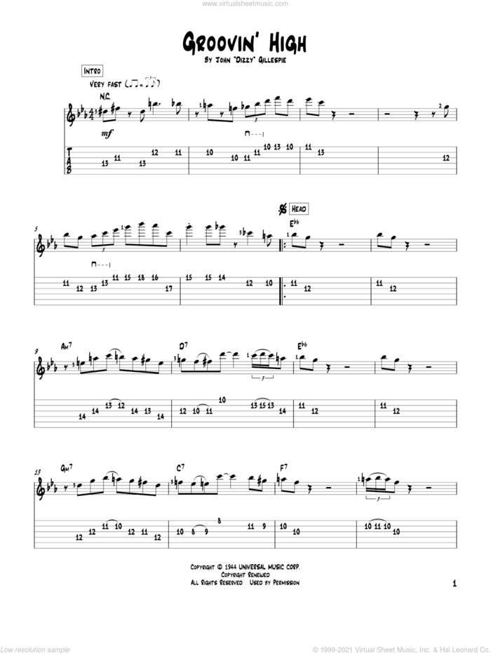 Groovin' High sheet music for guitar solo by Charlie Parker and Dizzy Gillespie, intermediate skill level