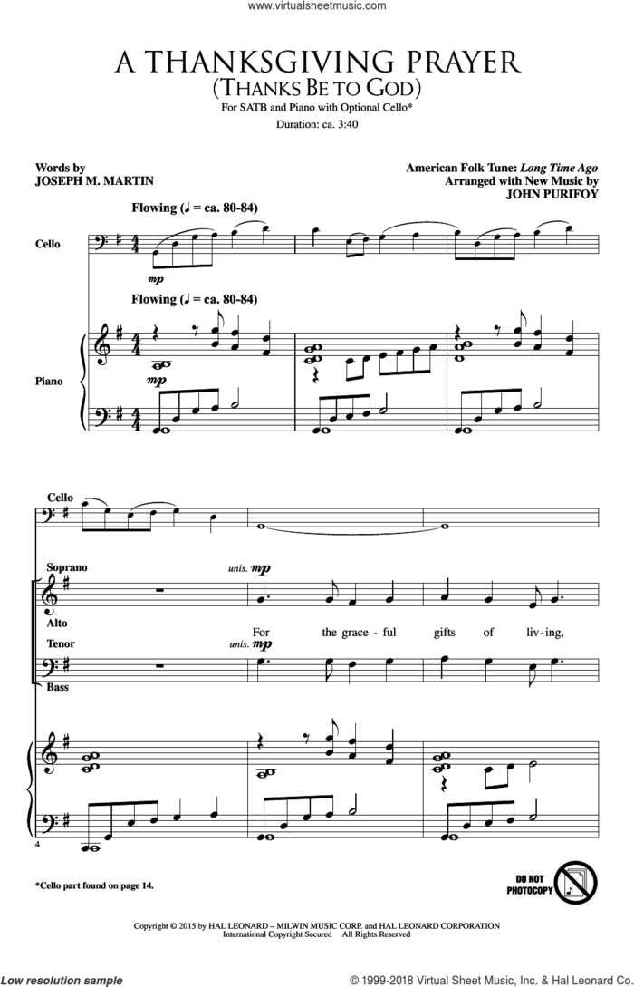 A Thanksgiving Prayer (Thanks Be To God) sheet music for choir (SATB: soprano, alto, tenor, bass) by Joseph M. Martin and John Purifoy, intermediate skill level