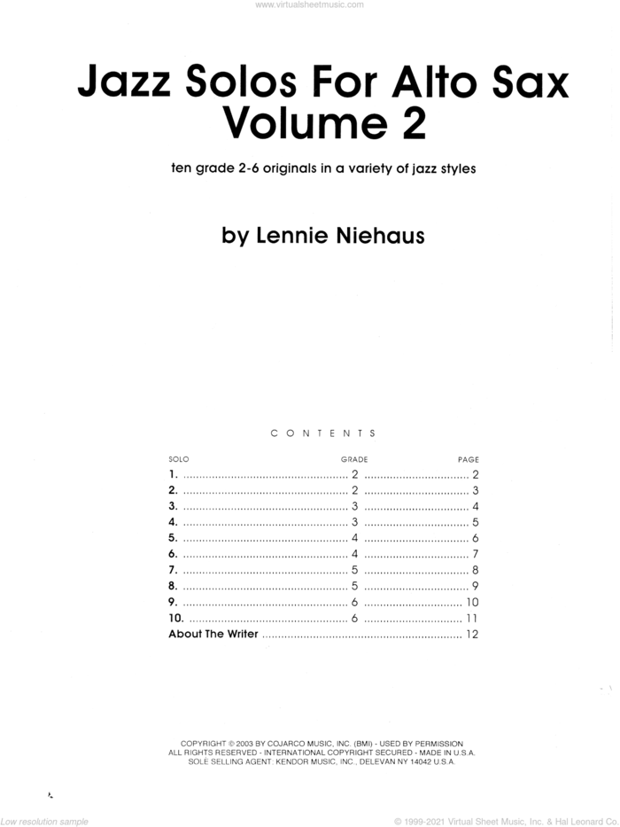 Jazz Solos For Alto Sax, Volume 2 sheet music for alto saxophone solo by Lennie Niehaus, intermediate skill level