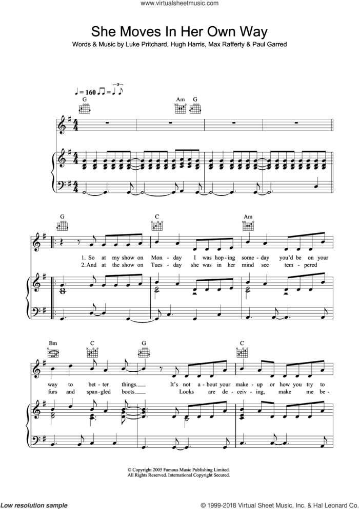 She Moves In Her Own Way sheet music for voice, piano or guitar by The Kooks, Hugh Harris, Luke Pritchard, Max Rafferty and Paul Garred, intermediate skill level