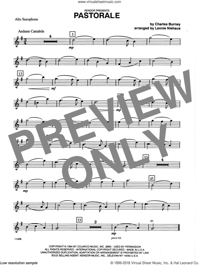 Pastorale (complete set of parts) sheet music for alto saxophone and piano by Lennie Niehaus and Burney, intermediate skill level