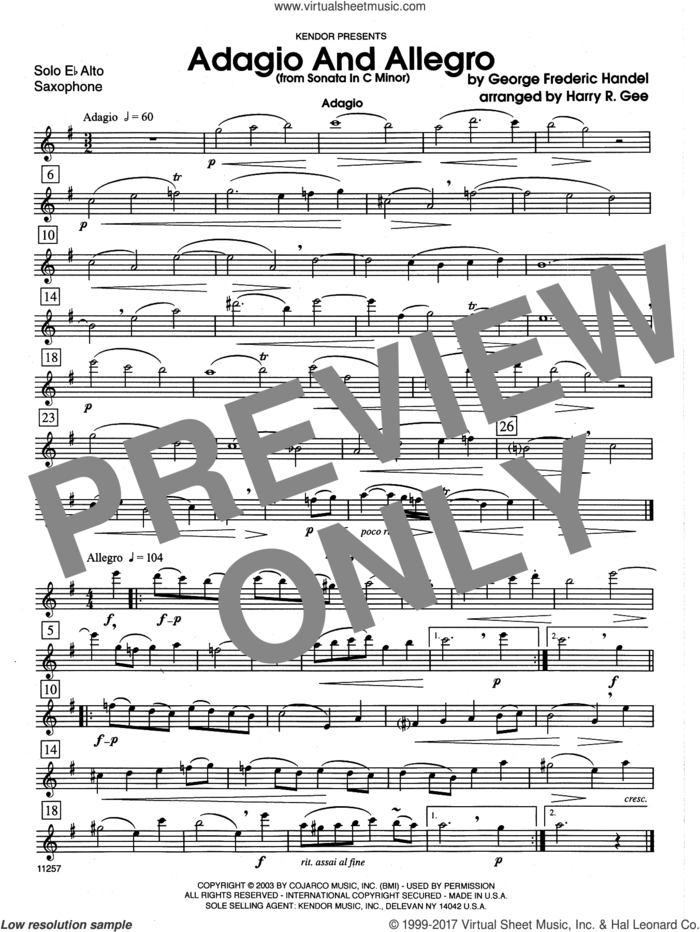 Adagio And Allegro (From Sonata In C Minor) (complete set of parts) sheet music for alto saxophone and piano by George Frideric Handel and Harry Gee, classical score, intermediate skill level