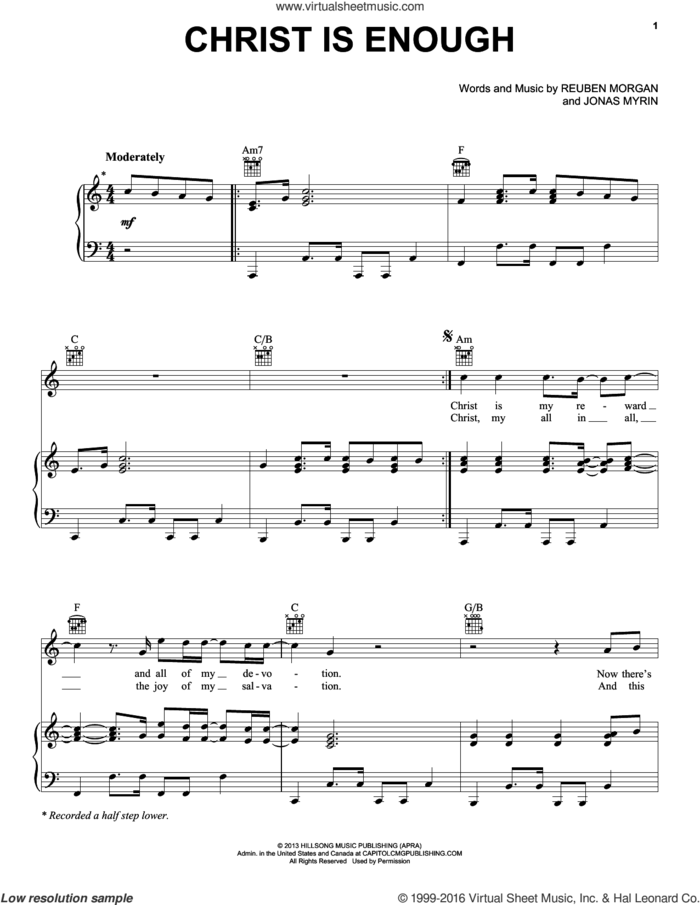 Christ Is Enough sheet music for voice, piano or guitar by Hillsong Live, Jonas Myrin and Reuben Morgan, intermediate skill level