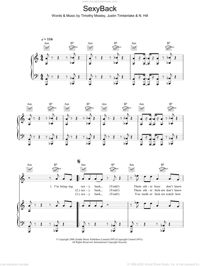 SexyBack sheet music for voice, piano or guitar by Justin Timberlake, N. Hill and Tim Mosley, intermediate skill level