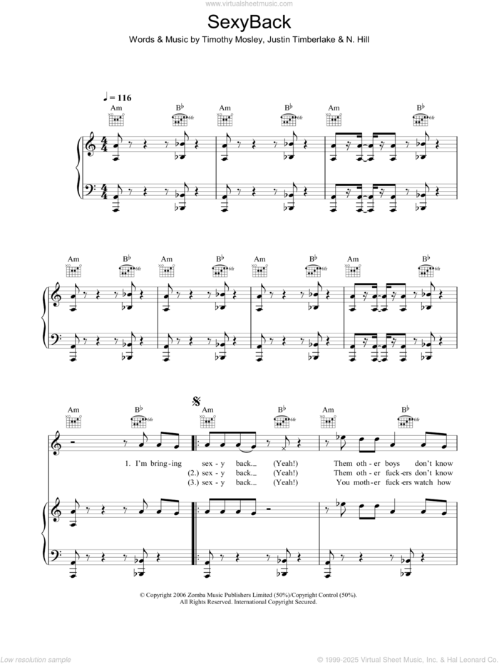 SexyBack sheet music for voice, piano or guitar by Justin Timberlake, N. Hill and Tim Mosley, intermediate skill level