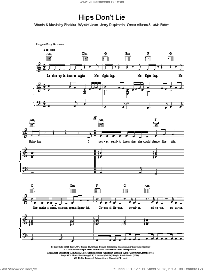 Hips Don't Lie sheet music for voice, piano or guitar by Shakira, Jerry Duplessis, Latvia Parker, Omar Alfanno and Wyclef Jean, intermediate skill level