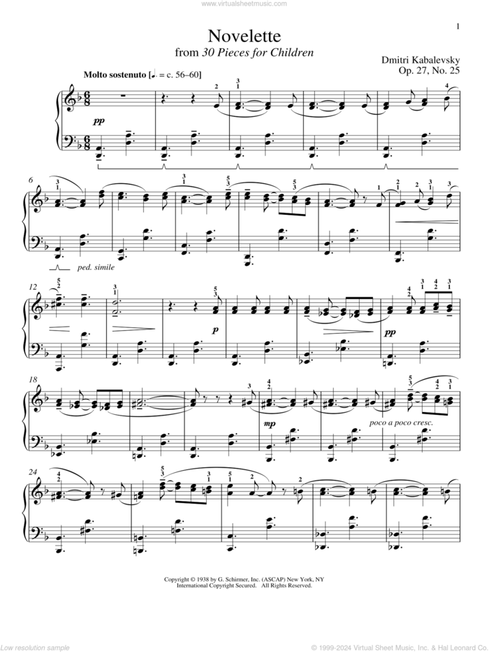 Novelette sheet music for piano solo by Dmitri Kabalevsky, Jeffrey Biegel, Margaret Otwell and Richard Walters, classical score, intermediate skill level