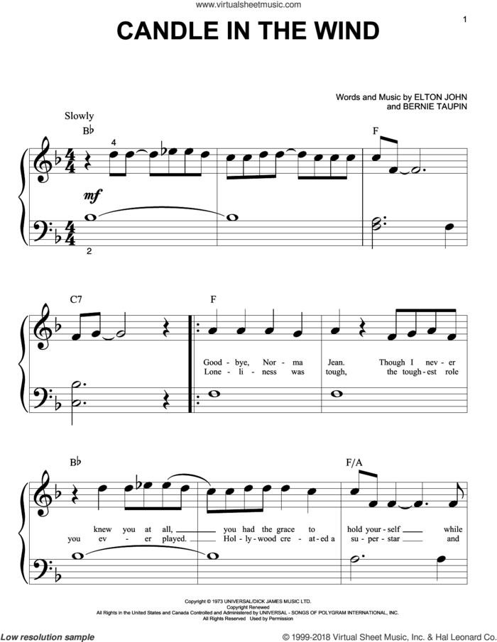 Candle In The Wind sheet music for piano solo (big note book) by Elton John and Bernie Taupin, easy piano (big note book)