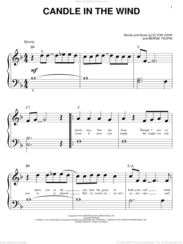 Candle In The Wind sheet music for piano solo (big note book) by Elton John and Bernie Taupin, easy piano (big note book)