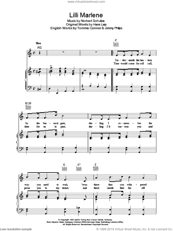 Lilli Marlene sheet music for voice, piano or guitar by Norbert Schultze, intermediate skill level