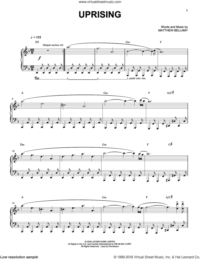 Uprising sheet music for piano solo by Muse and Matthew Bellamy, easy skill level