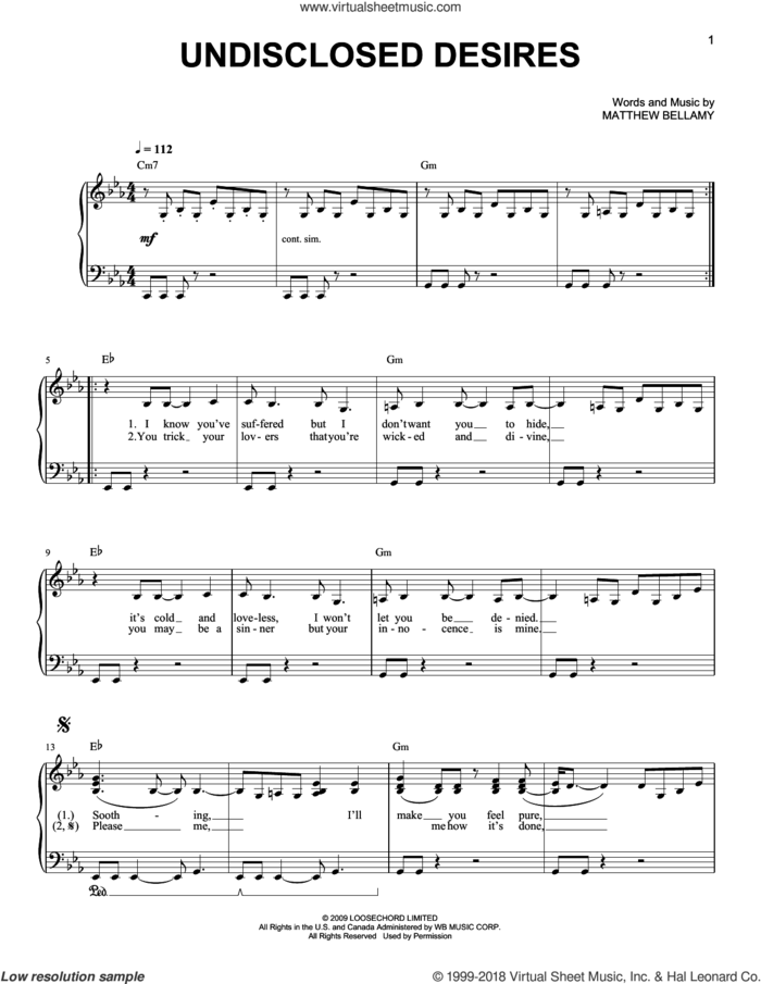 Undisclosed Desires sheet music for piano solo by Muse and Matthew Bellamy, easy skill level