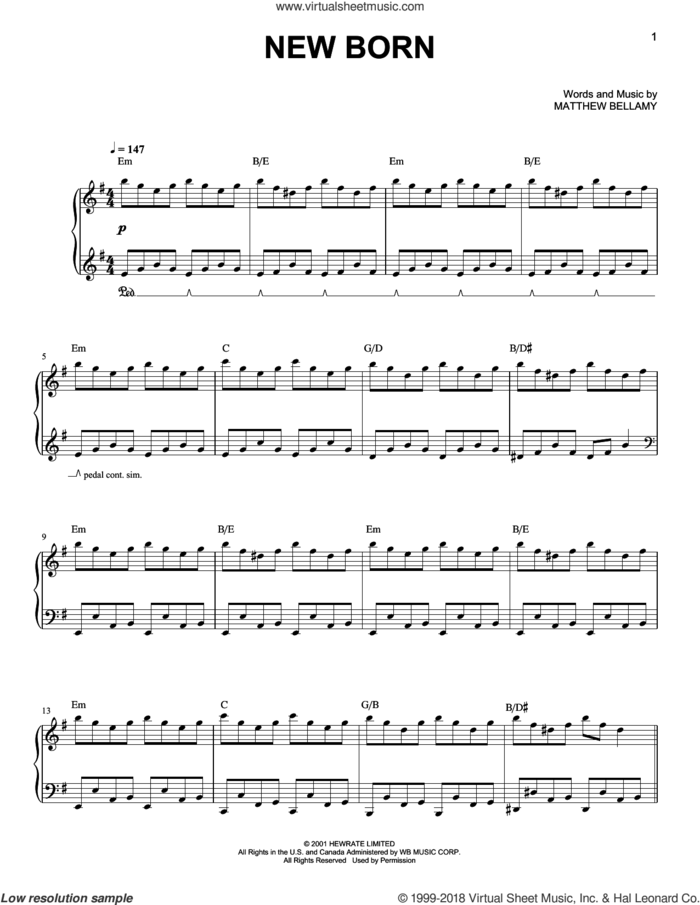 New Born sheet music for piano solo by Muse and Matthew Bellamy, easy skill level