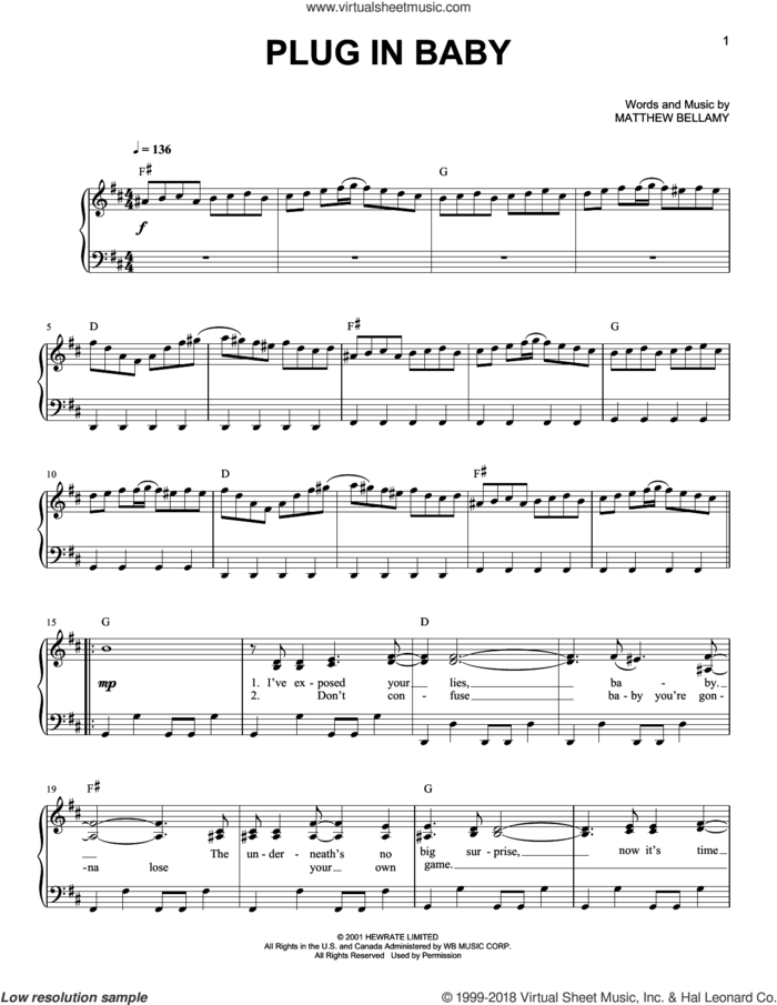 Plug In Baby sheet music for piano solo by Muse and Matthew Bellamy, easy skill level