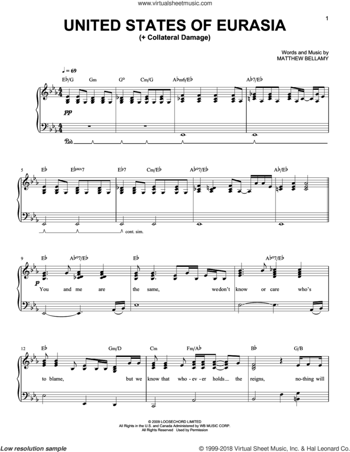 United States Of Eurasia (+ Collateral Damage) sheet music for piano solo by Muse and Matthew Bellamy, easy skill level