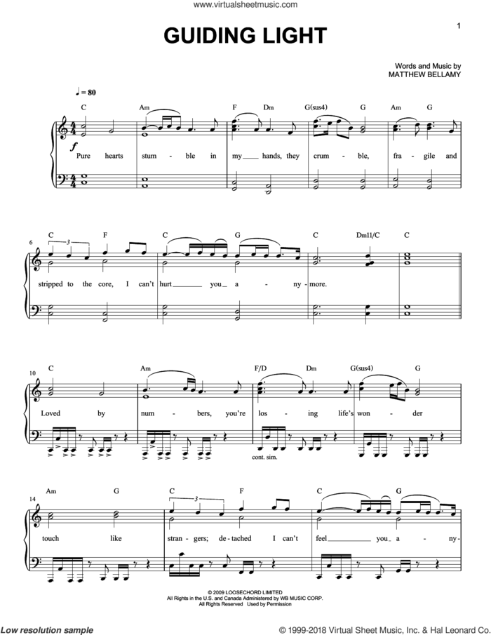 Guiding Light sheet music for piano solo by Muse and Matthew Bellamy, easy skill level