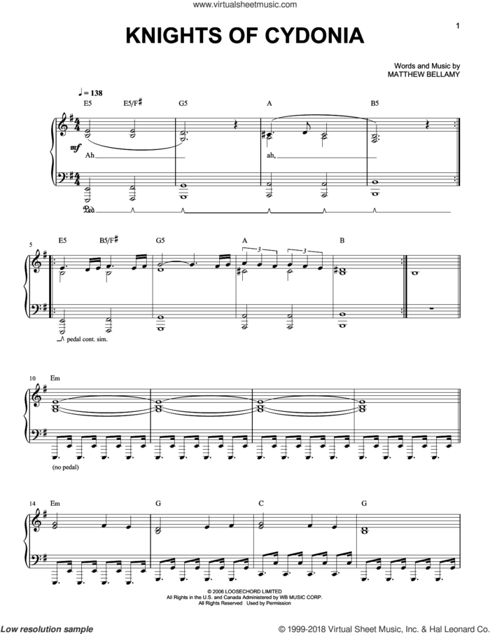Knights Of Cydonia sheet music for piano solo by Muse and Matthew Bellamy, easy skill level