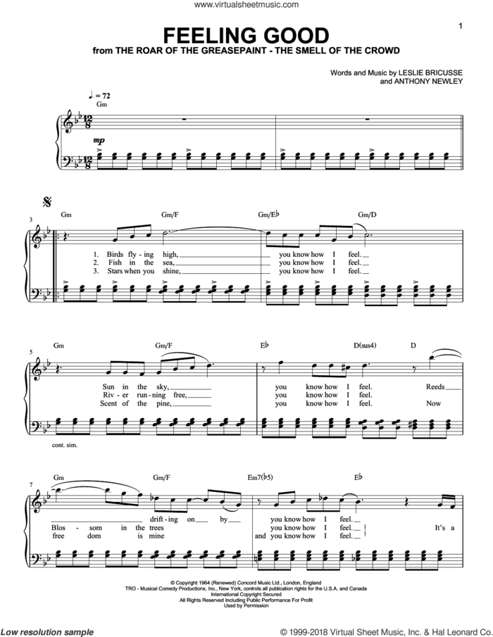 Feeling Good sheet music for piano solo by Muse, Michael Buble, Anthony Newley and Leslie Bricusse, easy skill level
