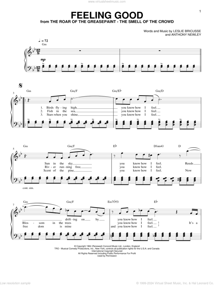 Feeling Good sheet music for piano solo by Muse, Michael Buble, Anthony Newley and Leslie Bricusse, easy skill level