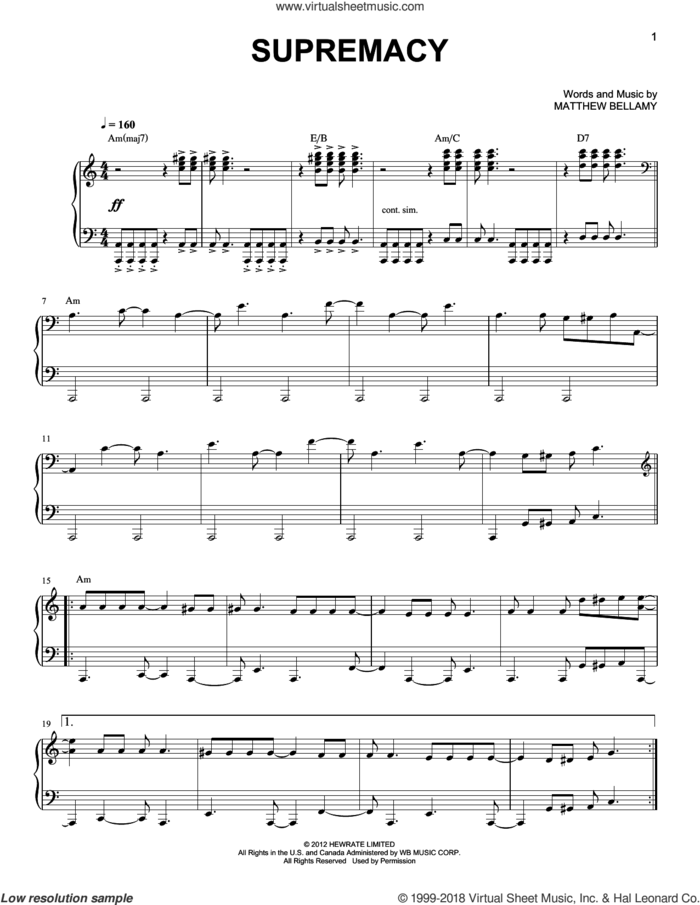 Supremacy sheet music for piano solo by Muse and Matthew Bellamy, easy skill level