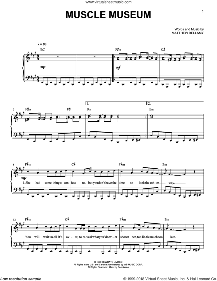 Muscle Museum sheet music for piano solo by Muse and Matthew Bellamy, easy skill level