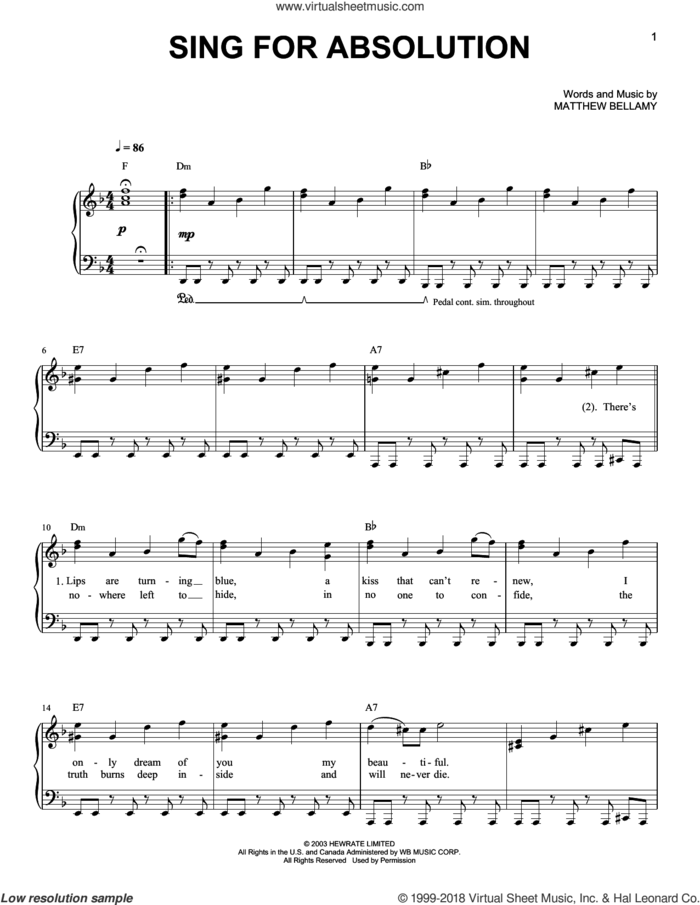 Sing For Absolution sheet music for piano solo by Muse and Matthew Bellamy, easy skill level
