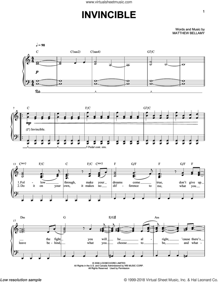 Invincible sheet music for piano solo by Muse and Matthew Bellamy, easy skill level
