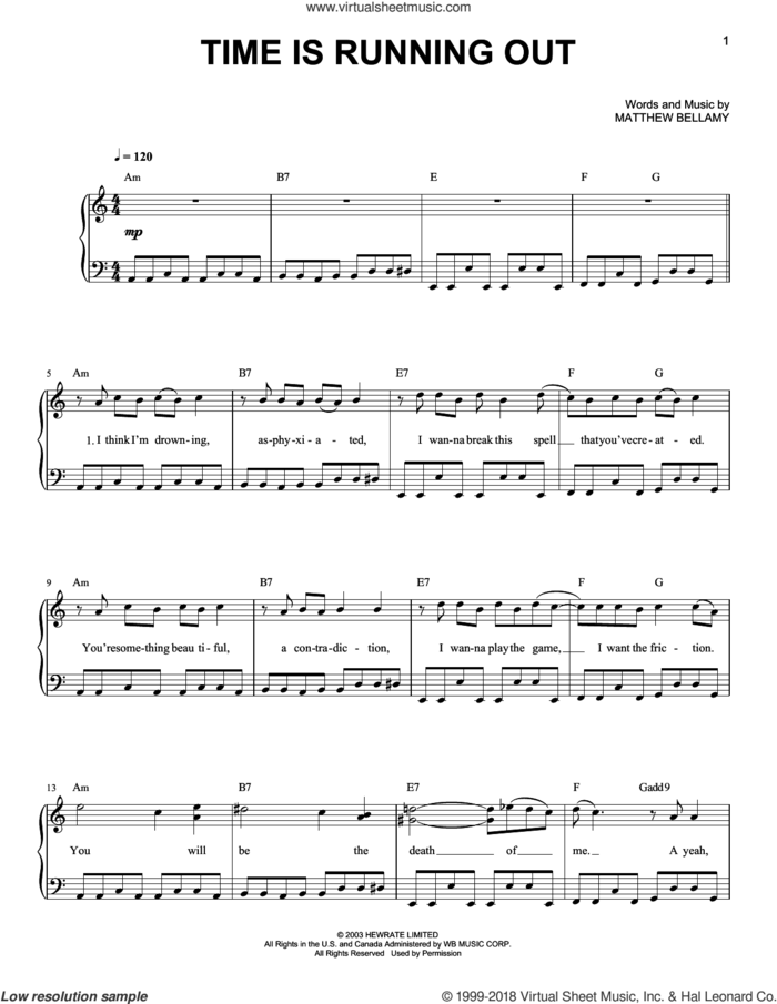 Time Is Running Out sheet music for piano solo by Muse and Matthew Bellamy, easy skill level