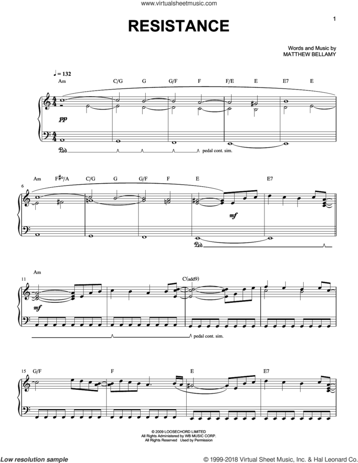 Resistance sheet music for piano solo by Muse, 2Cellos and Matthew Bellamy, easy skill level
