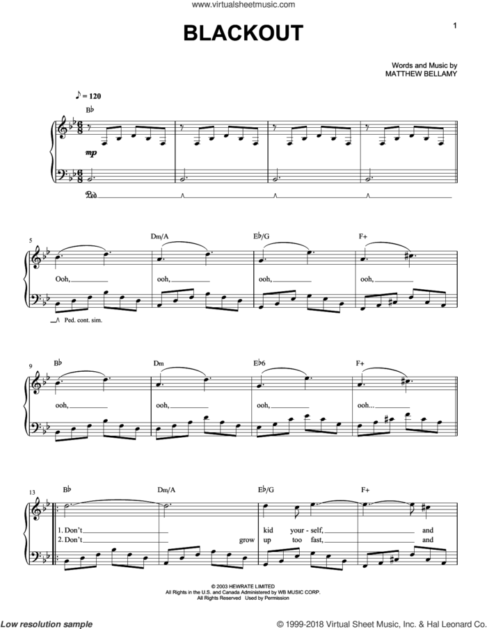 Blackout sheet music for piano solo by Muse and Matthew Bellamy, easy skill level