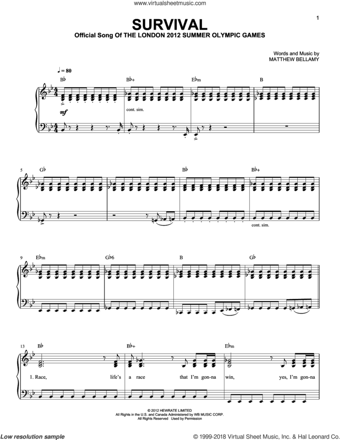 Survival sheet music for piano solo by Muse and Matthew Bellamy, easy skill level
