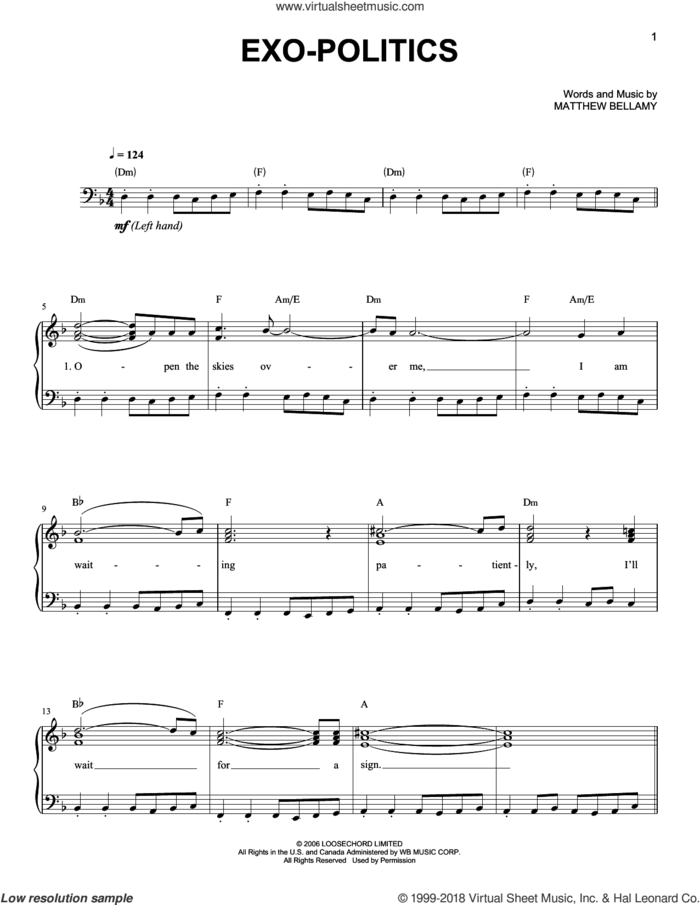 Exo-Politics sheet music for piano solo by Muse and Matthew Bellamy, easy skill level