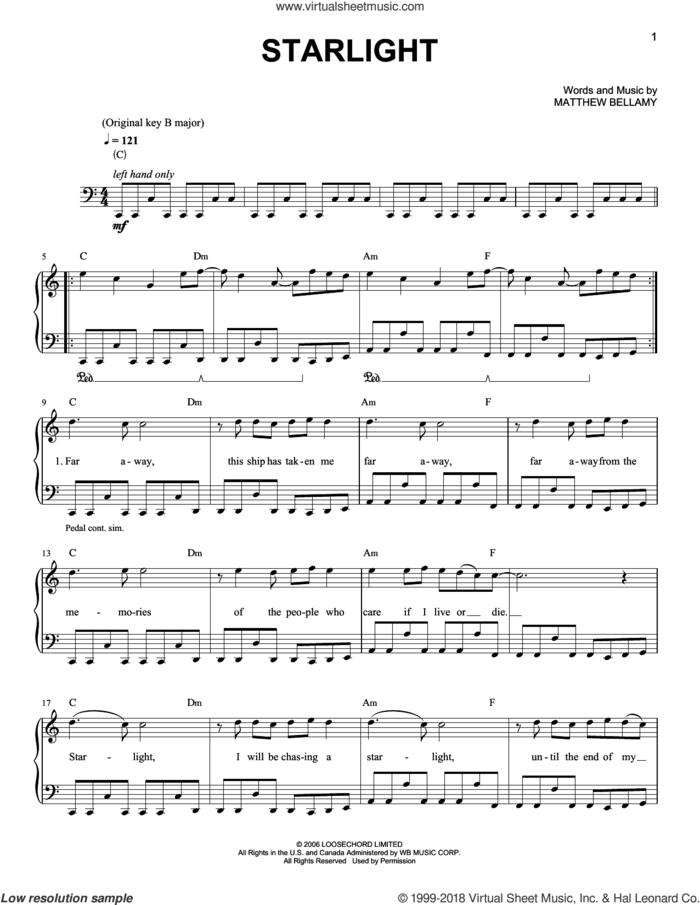 Starlight sheet music for piano solo by Muse and Matthew Bellamy, easy skill level