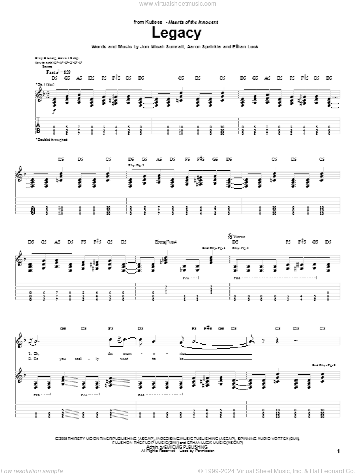 Legacy sheet music for guitar (tablature) by Kutless, Aaron Sprinkle, Ethan Luck and Jon Micah Sumrall, intermediate skill level