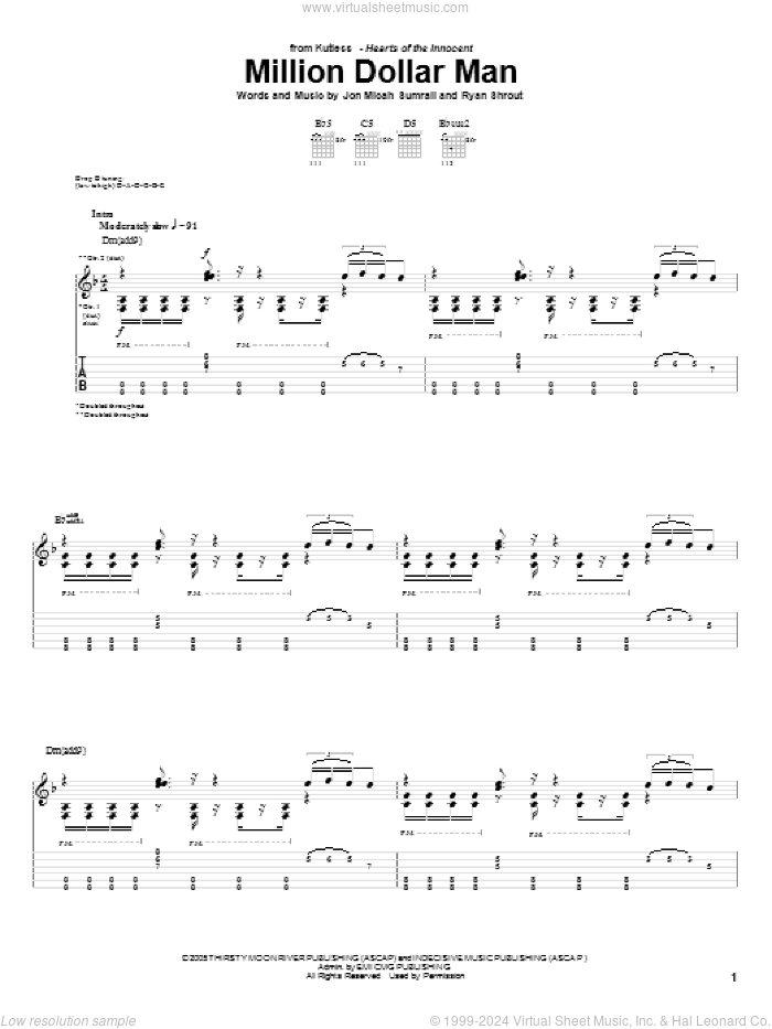 Million Dollar Man sheet music for guitar (tablature) by Kutless, Jon Micah Sumrall and Ryan Shrout, intermediate skill level