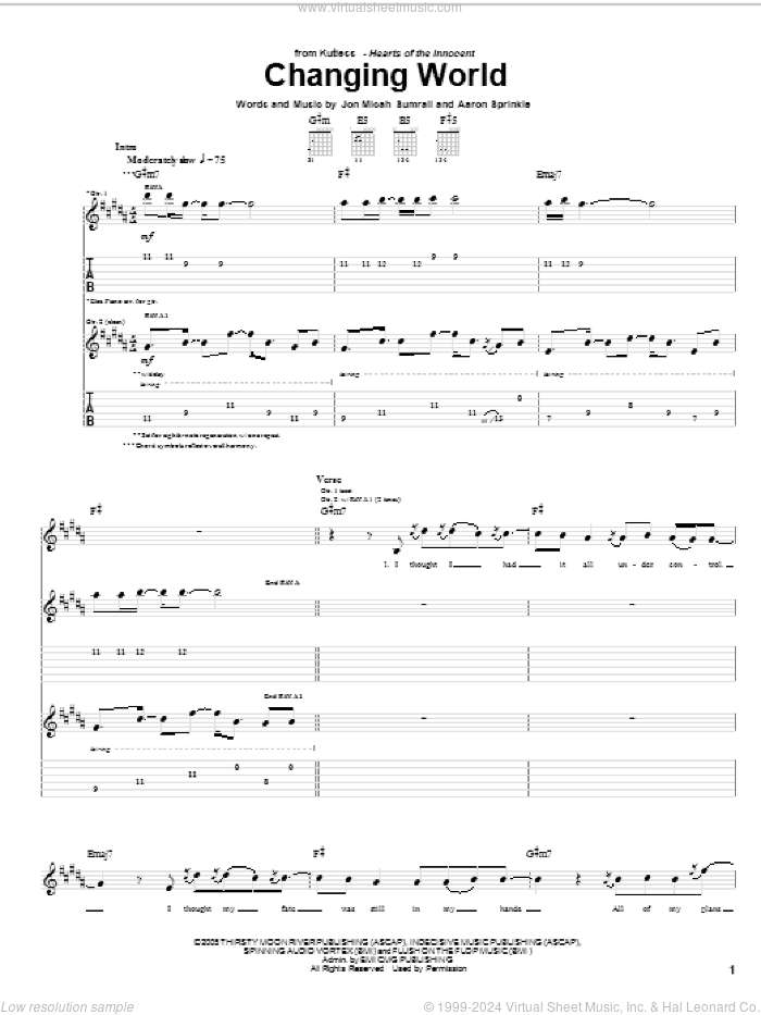Changing World sheet music for guitar (tablature) by Kutless, Aaron Sprinkle and Jon Micah Sumrall, intermediate skill level