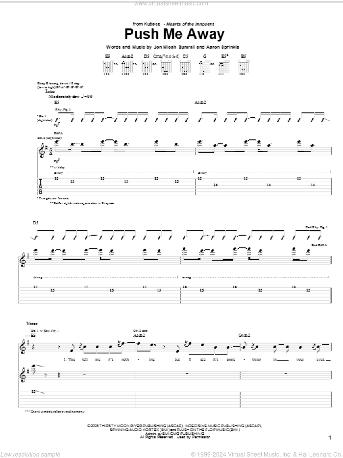 Push Me Away sheet music for guitar (tablature) by Kutless, Aaron Sprinkle and Jon Micah Sumrall, intermediate skill level
