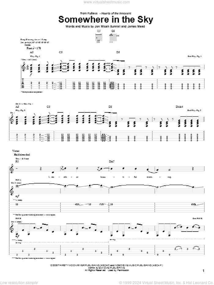 Somewhere In The Sky sheet music for guitar (tablature) by Kutless, James Mead and Jon Micah Sumrall, intermediate skill level