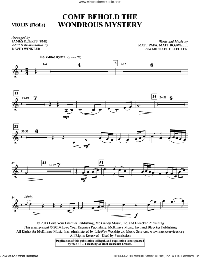 Come Behold the Wondrous Mystery (complete set of parts) sheet music for orchestra/band by James Koerts, Matt Boswell, Matt Papa and Michael Bleecker, intermediate skill level