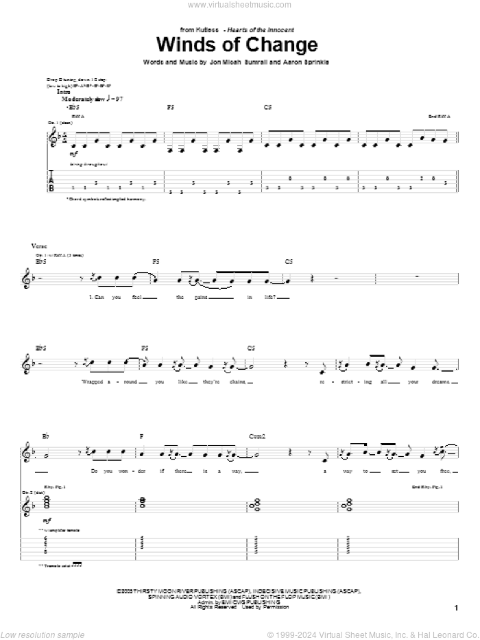 Winds Of Change sheet music for guitar (tablature) by Kutless, Aaron Sprinkle and Jon Micah Sumrall, intermediate skill level