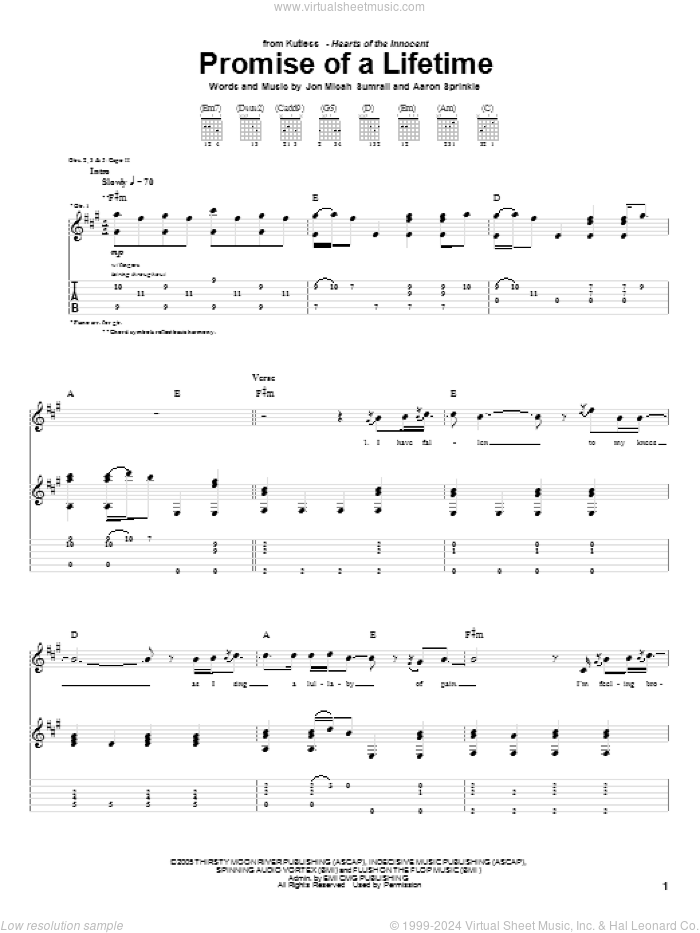 Promise Of A Lifetime sheet music for guitar (tablature) by Kutless, Aaron Sprinkle and Jon Micah Sumrall, intermediate skill level
