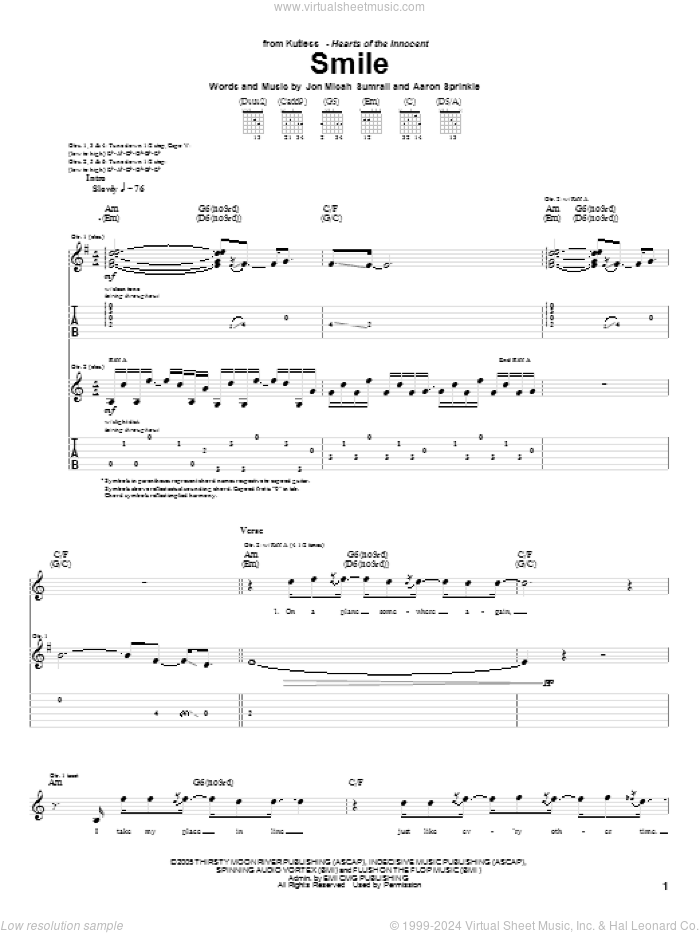 Smile sheet music for guitar (tablature) by Kutless, Aaron Sprinkle and Jon Micah Sumrall, intermediate skill level