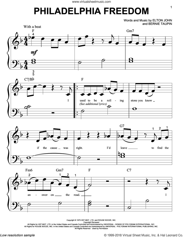 Philadelphia Freedom sheet music for piano solo (big note book) by Elton John and Bernie Taupin, easy piano (big note book)