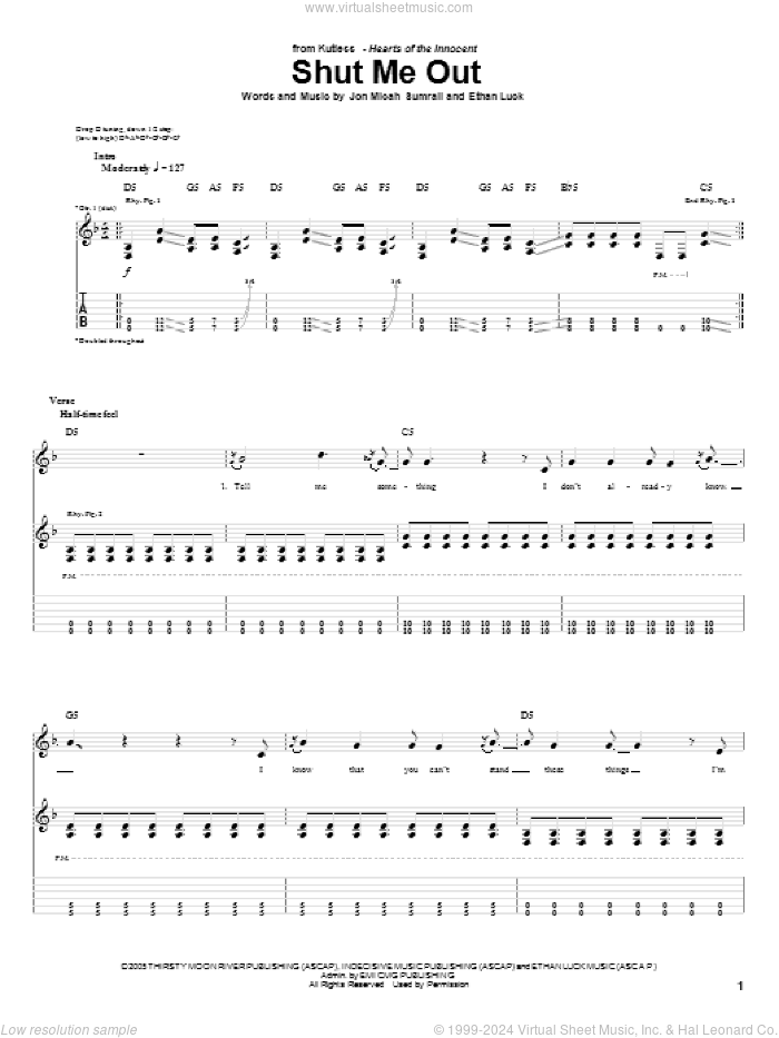 Shut Me Out sheet music for guitar (tablature) by Kutless, Ethan Luck and Jon Micah Sumrall, intermediate skill level