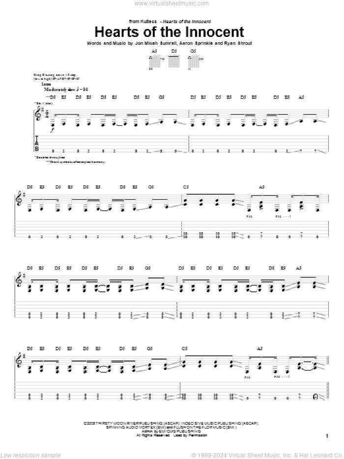 Hearts Of The Innocent sheet music for guitar (tablature) by Kutless, Aaron Sprinkle, Jon Micah Sumrall and Ryan Shrout, intermediate skill level